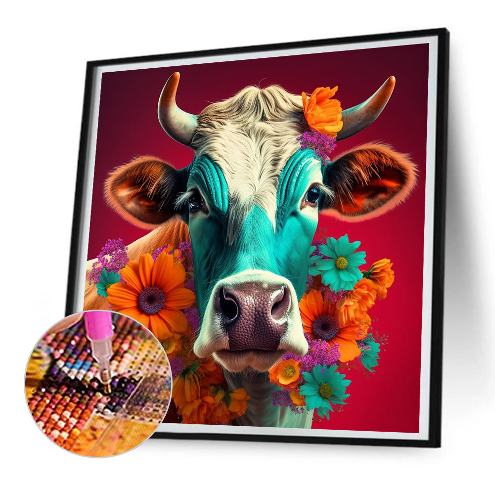 Wreath Cow - Full Round Drill Diamond Painting 30*30CM