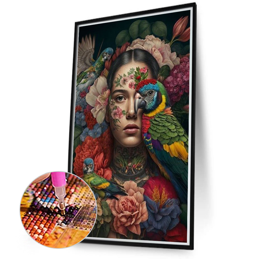 Flower And Bird Decoration Girl - Full Round Drill Diamond Painting 50*80CM