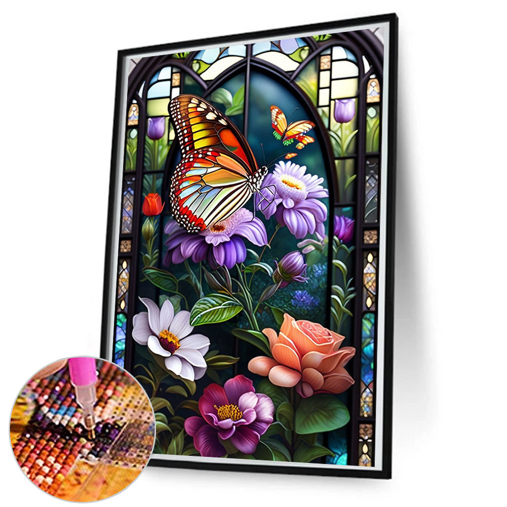 Glass Window Butterflies - Full Round Drill Diamond Painting 50*80CM