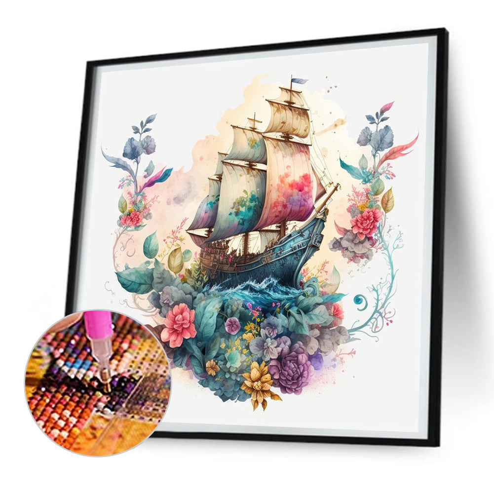 Flowers And Sailboats - Full Round Drill Diamond Painting 30*30CM
