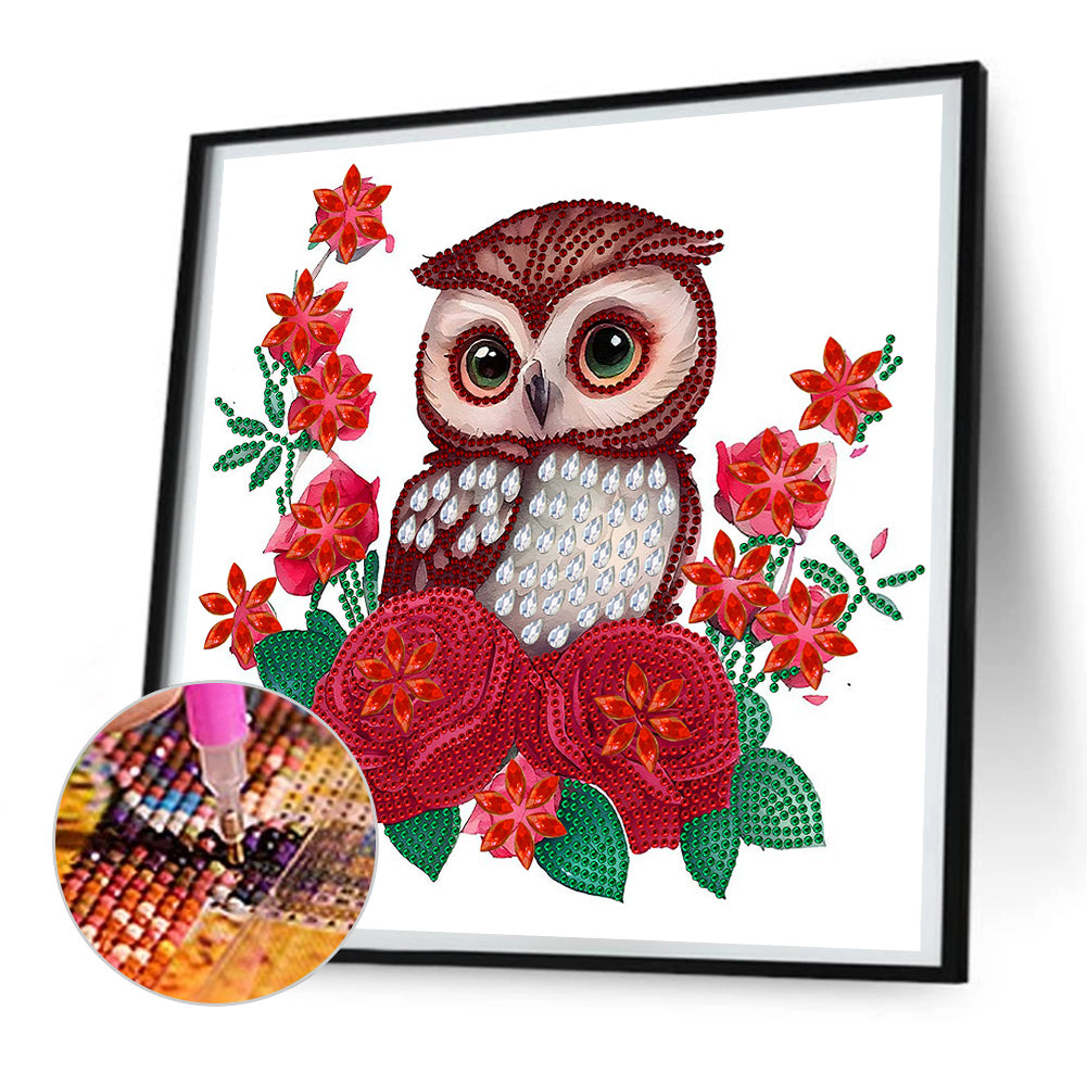 Owl With Flowers - Special Shaped Drill Diamond Painting 30*30CM