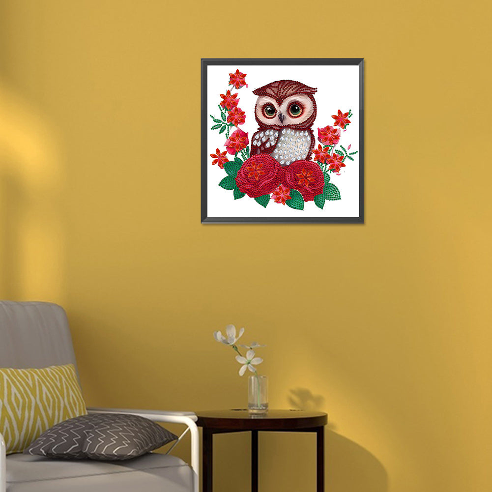 Owl With Flowers - Special Shaped Drill Diamond Painting 30*30CM