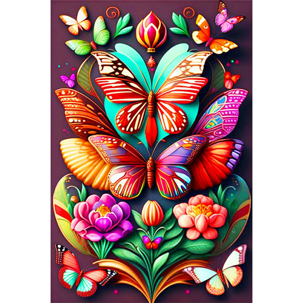 Flower With Two Butterflies - Full Round Drill Diamond Painting 40*60CM