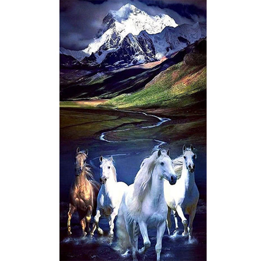 Horse Running Under Snow Mountain - Full Round Drill Diamond Painting 40*70CM