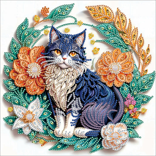 Paper Flower Black And Blue Cat - Special Shaped Drill Diamond Painting 30*30CM