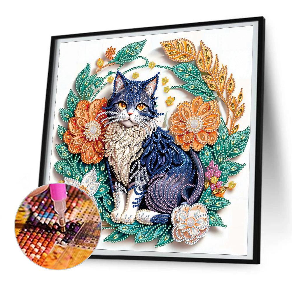 Paper Flower Black And Blue Cat - Special Shaped Drill Diamond Painting 30*30CM