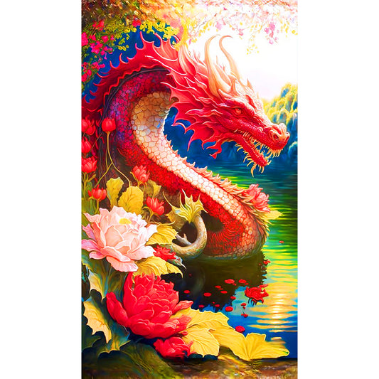 Red Lotus Dragon - Full Round Drill Diamond Painting 40*70CM