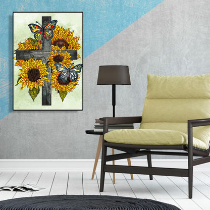 Sunflower Cross - Special Shaped Drill Diamond Painting 30*40CM