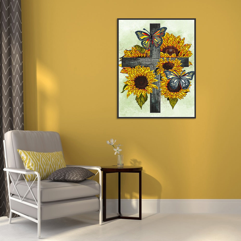 Sunflower Cross - Special Shaped Drill Diamond Painting 30*40CM