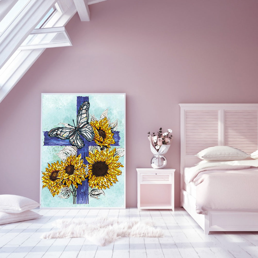 Sunflower Cross - Special Shaped Drill Diamond Painting 30*40CM