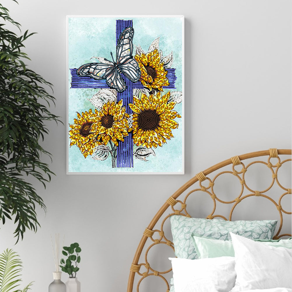 Sunflower Cross - Special Shaped Drill Diamond Painting 30*40CM