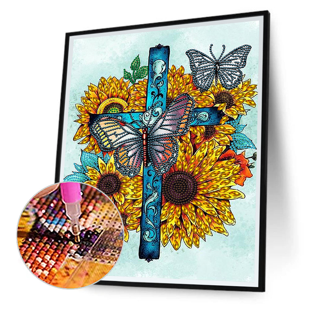 Sunflower Cross - Special Shaped Drill Diamond Painting 30*40CM