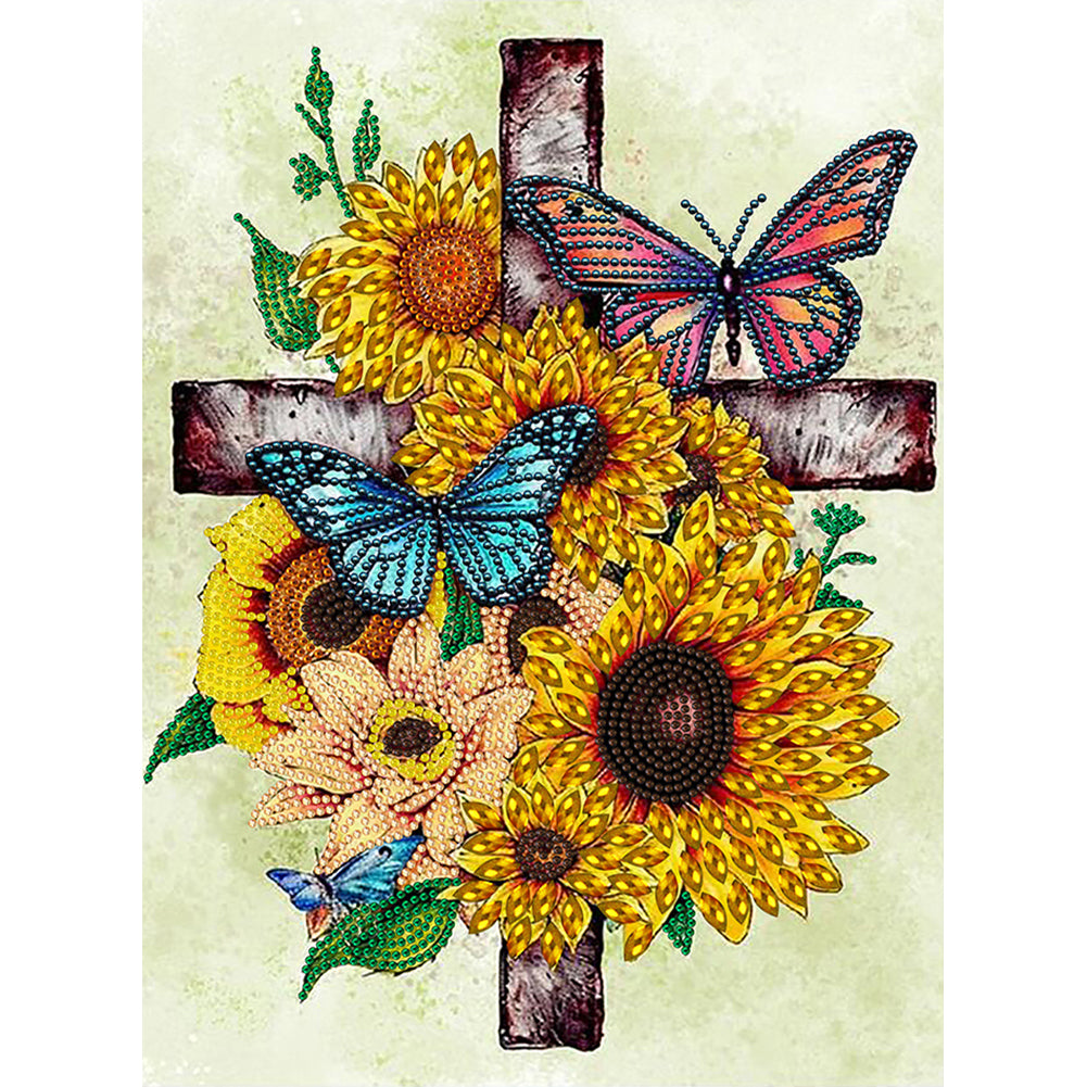 Sunflower Cross - Special Shaped Drill Diamond Painting 30*40CM
