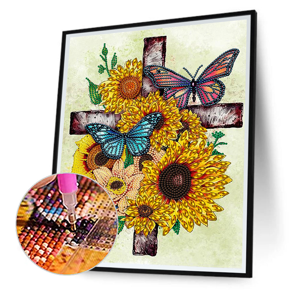 Sunflower Cross - Special Shaped Drill Diamond Painting 30*40CM