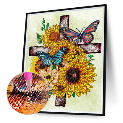 Sunflower Cross - Special Shaped Drill Diamond Painting 30*40CM