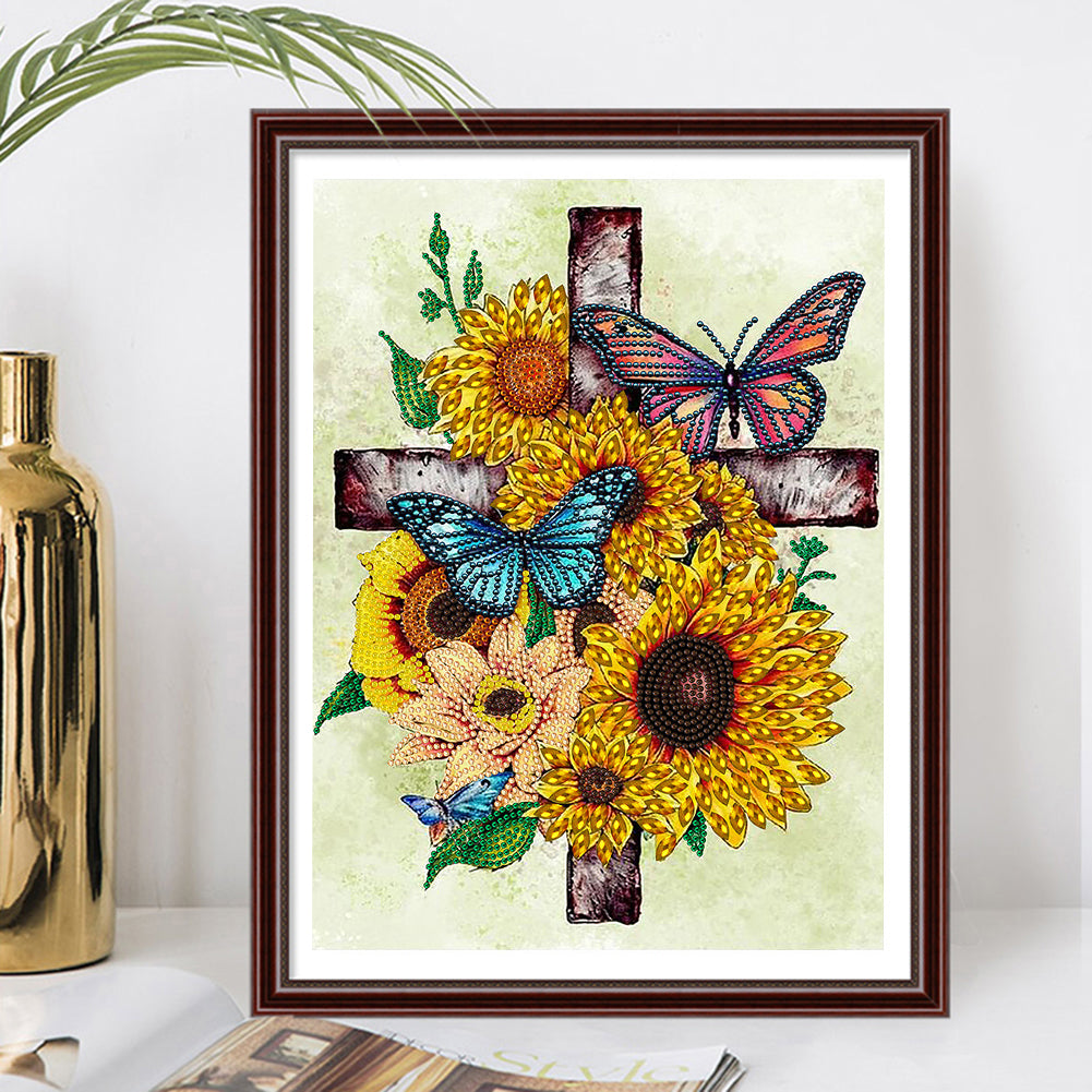 Sunflower Cross - Special Shaped Drill Diamond Painting 30*40CM