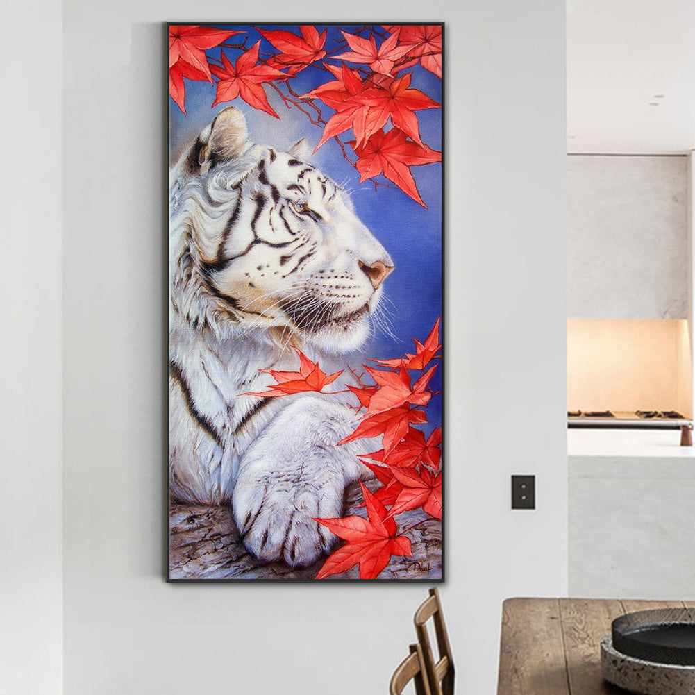 White Tiger Under Maple Tree - Full Round Drill Diamond Painting 40*80CM