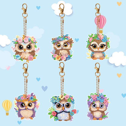 DIY Diamond Art Key Rings Double Sided 6pcs Owl Flower for Kids Adult Home Party