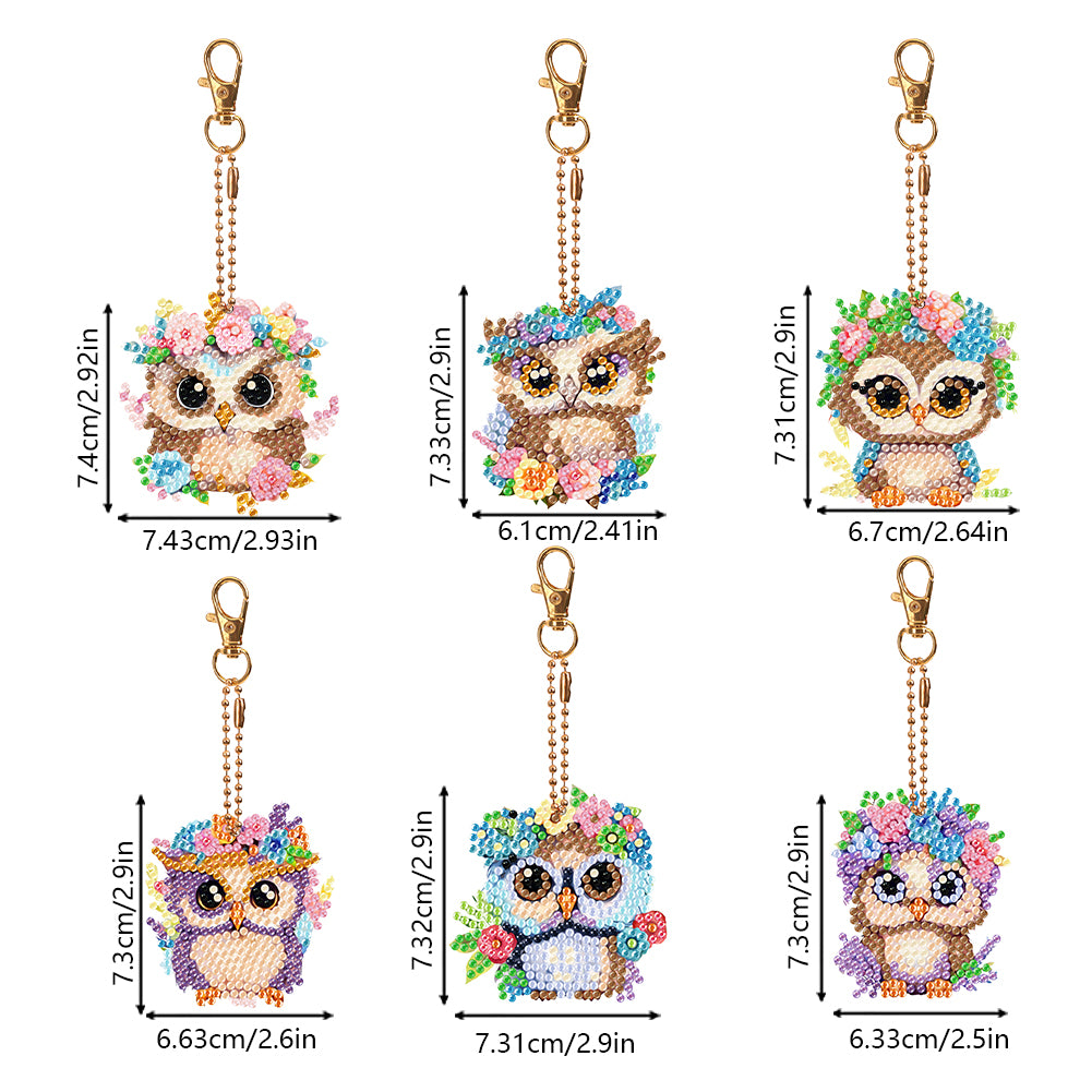 DIY Diamond Art Key Rings Double Sided 6pcs Owl Flower for Kids Adult Home Party