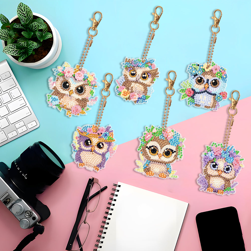 DIY Diamond Art Key Rings Double Sided 6pcs Owl Flower for Kids Adult Home Party