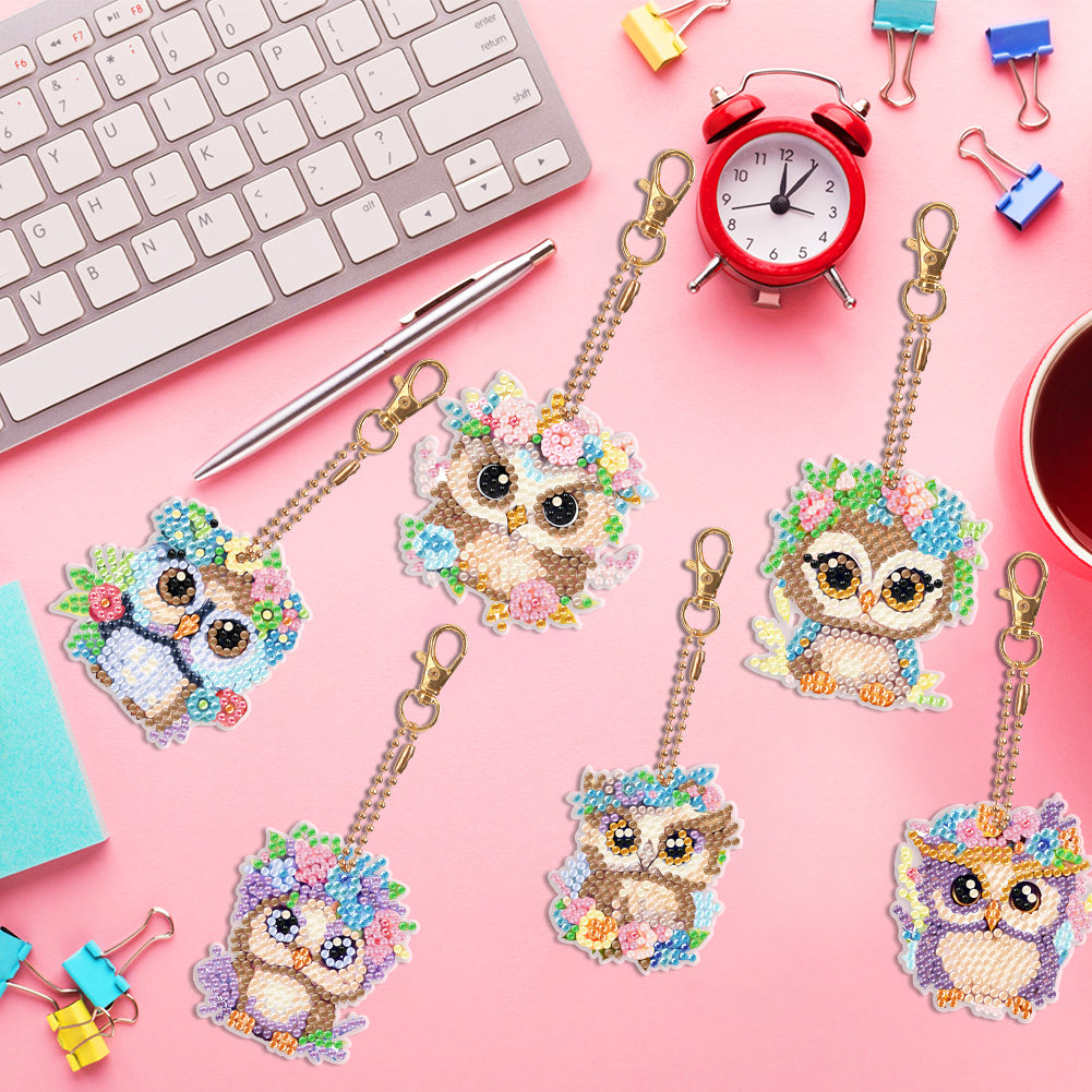 DIY Diamond Art Key Rings Double Sided 6pcs Owl Flower for Kids Adult Home Party