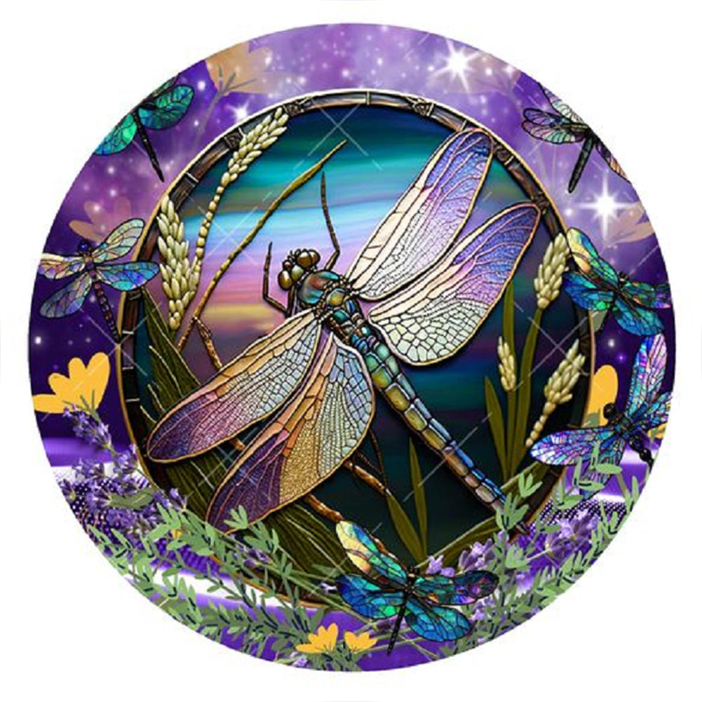 Dragonfly Painted On Round Plate Glass - Full Round Drill Diamond Painting 30*30CM