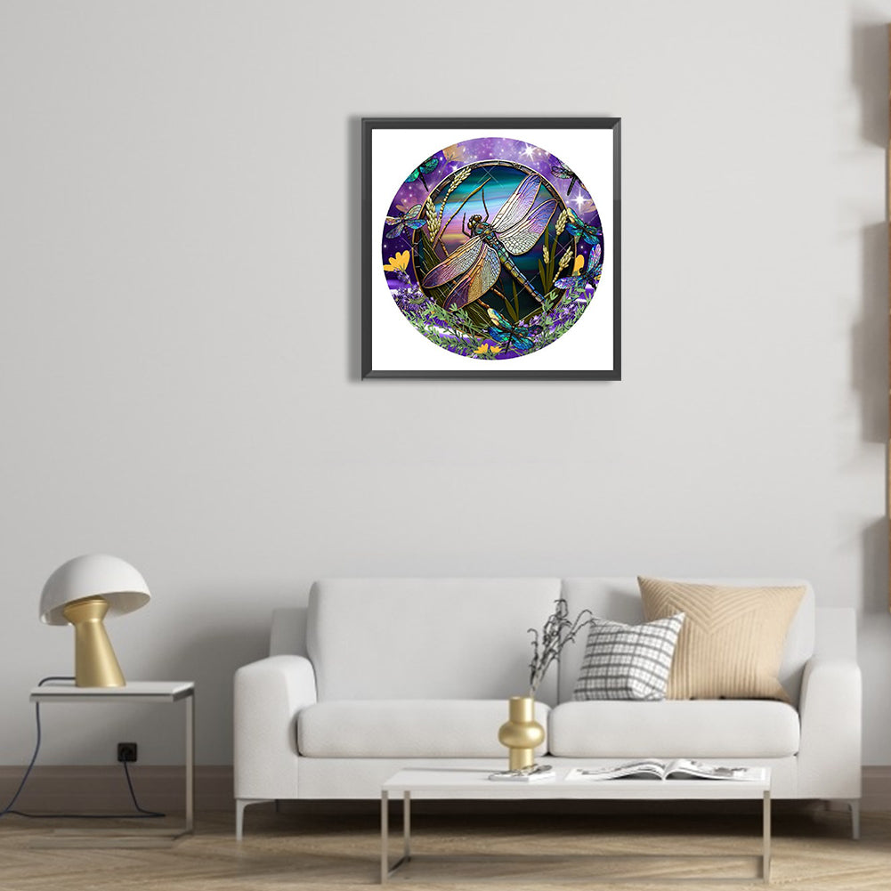 Dragonfly Painted On Round Plate Glass - Full Round Drill Diamond Painting 30*30CM