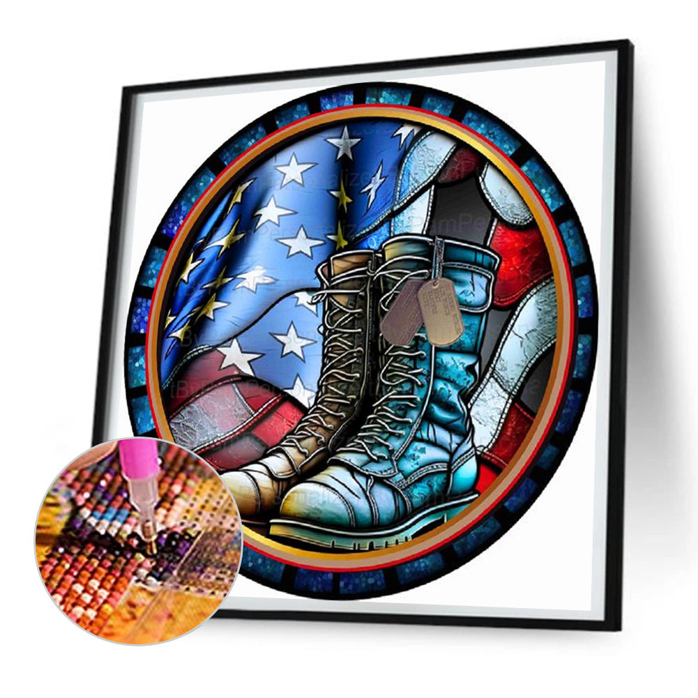 Round Plate Glass Painting Military Boots - Full Round Drill Diamond Painting 30*30CM