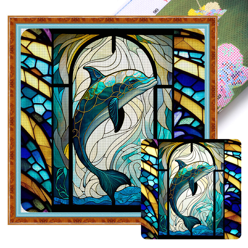 Glass Painting-Dolphin - 11CT Stamped Cross Stitch 40*40CM