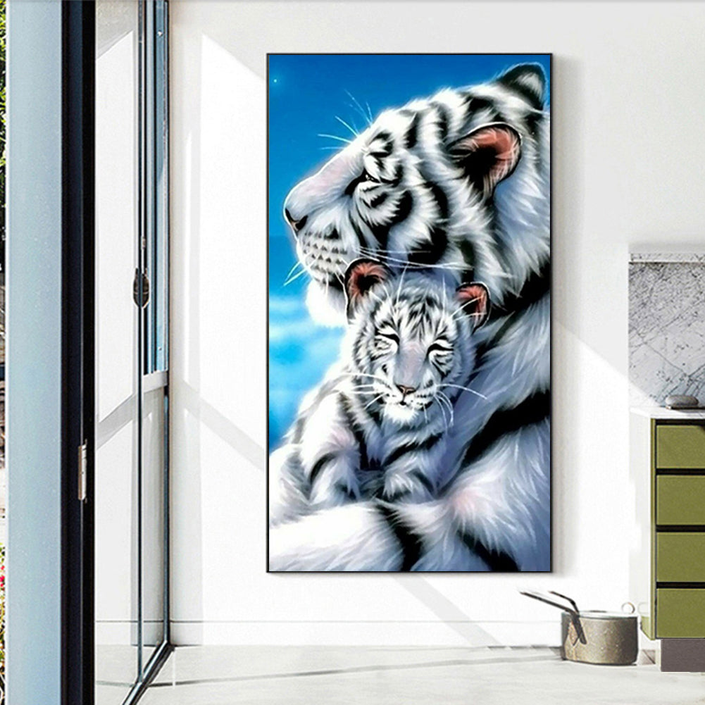 White Tiger Mother And Child - Full Round Drill Diamond Painting 40*70CM