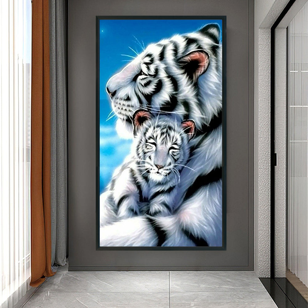 White Tiger Mother And Child - Full Round Drill Diamond Painting 40*70CM