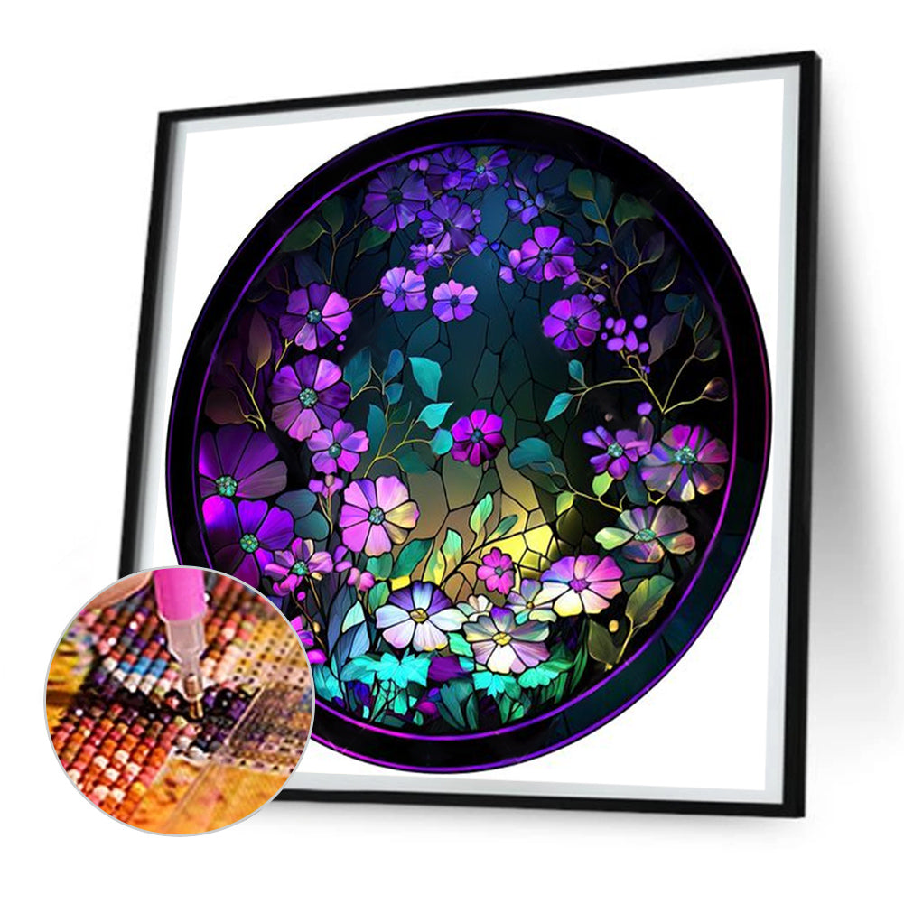 Round Glass Painting Purple Flowers - Full Round Drill Diamond Painting 30*30CM