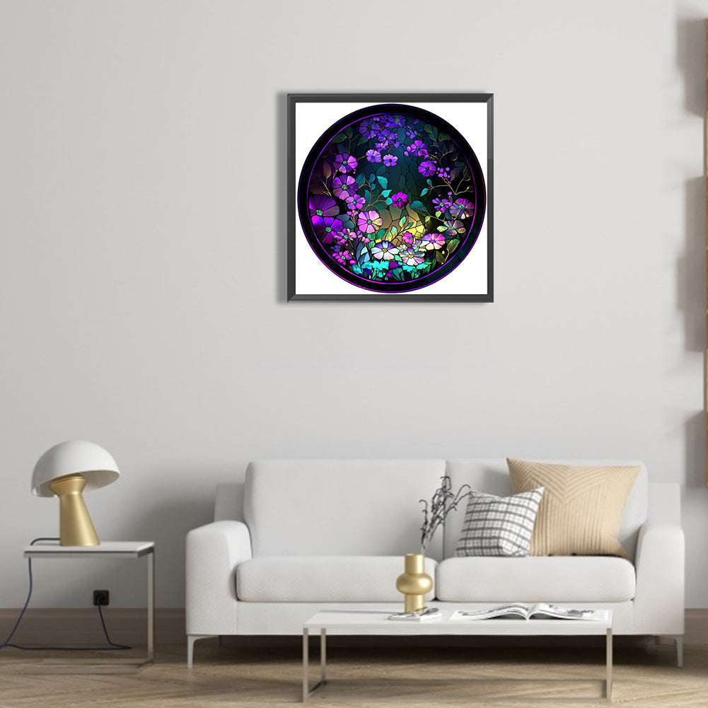 Round Glass Painting Purple Flowers - Full Round Drill Diamond Painting 30*30CM