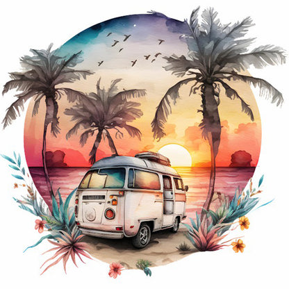 Coconut Grove Seaside Campervan - Full Round Drill Diamond Painting 30*30CM