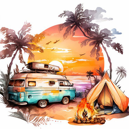 Coconut Grove Seaside Campervan - Full Round Drill Diamond Painting 30*30CM