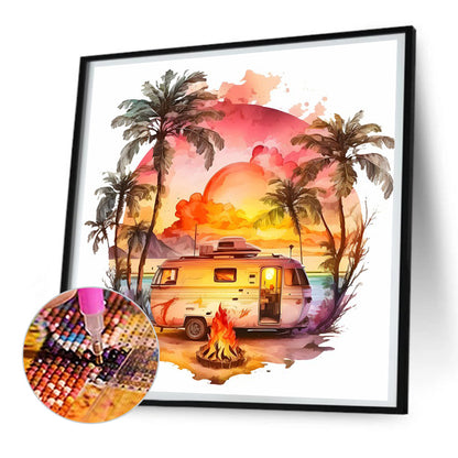 Coconut Grove Seaside Campervan - Full Round Drill Diamond Painting 30*30CM