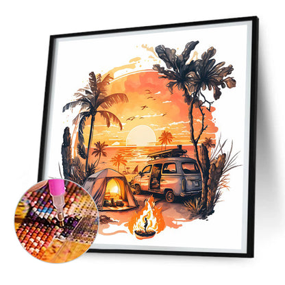 Coconut Grove Seaside Campervan - Full Round Drill Diamond Painting 30*30CM