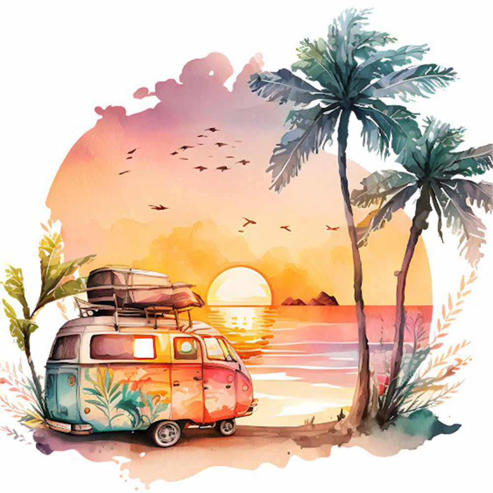 Coconut Grove Seaside Campervan - Full Round Drill Diamond Painting 30*30CM