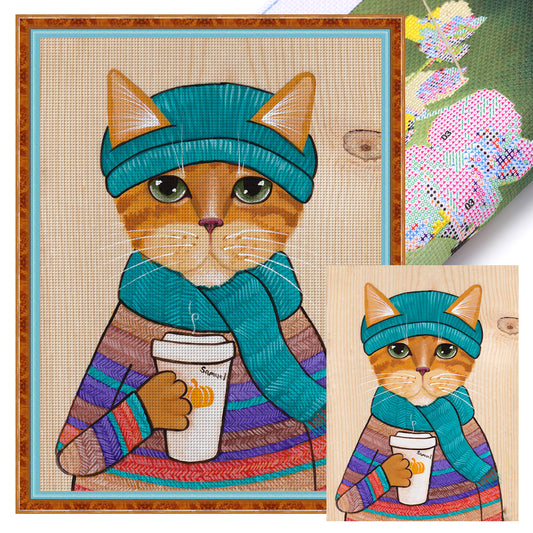 Cat Drinking Coffee - 11CT Stamped Cross Stitch 40*53CM