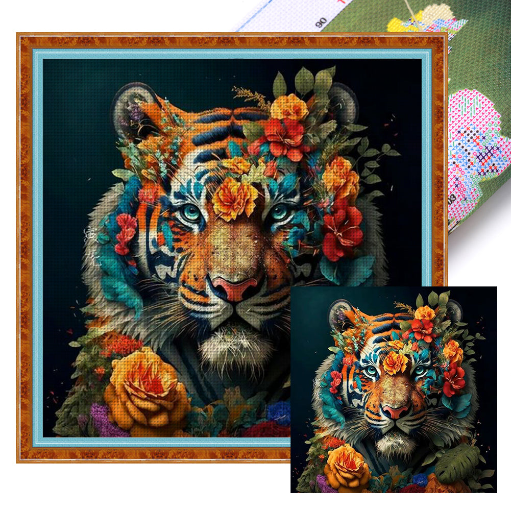 Flowers And Tiger - 11CT Stamped Cross Stitch 50*50CM