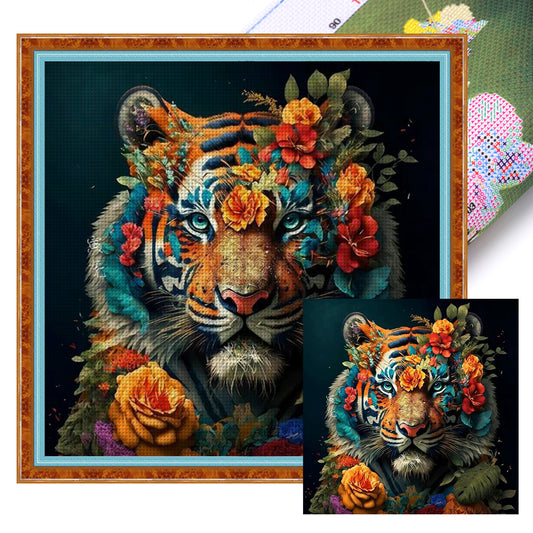 Flowers And Tiger - 11CT Stamped Cross Stitch 50*50CM