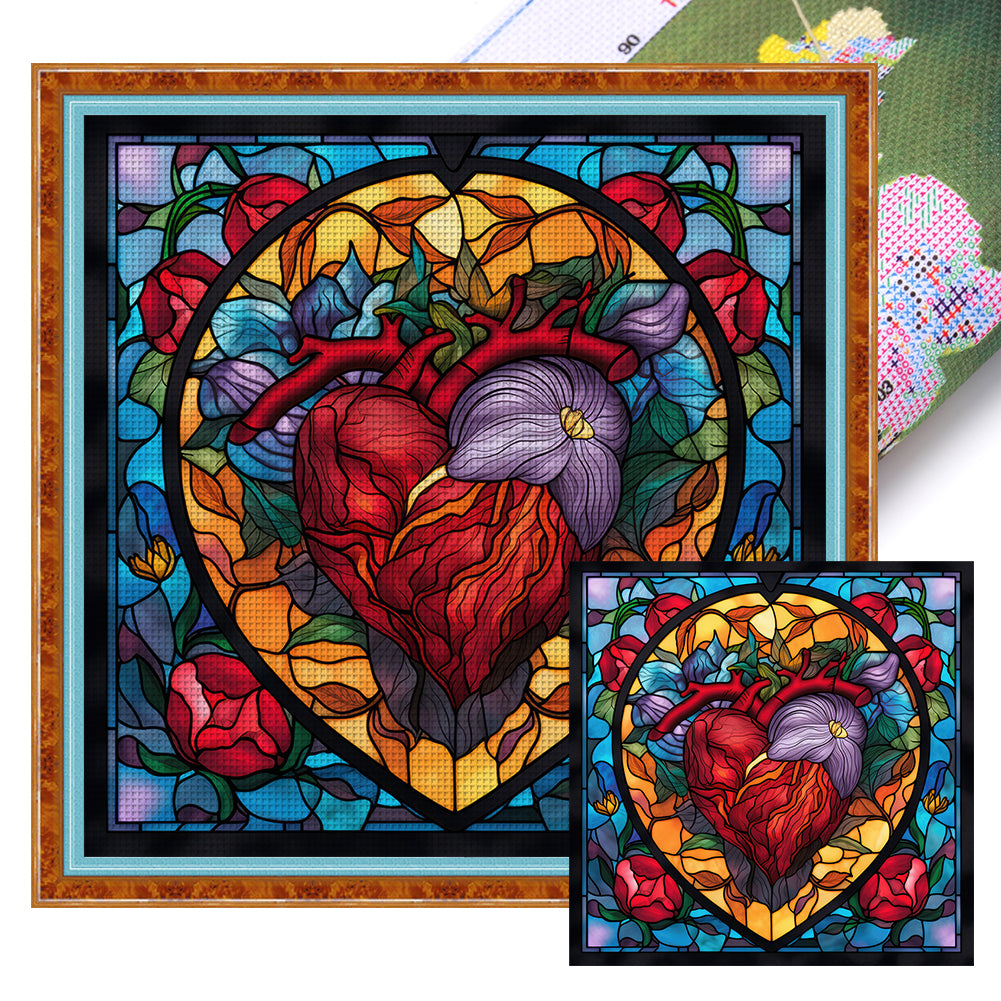 Glass Painting-Heart Rose - 11CT Stamped Cross Stitch 40*40CM