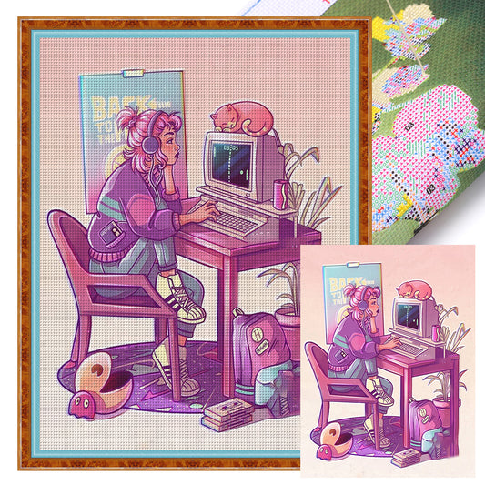 Little Girl Using Computer - 11CT Stamped Cross Stitch 50*65CM