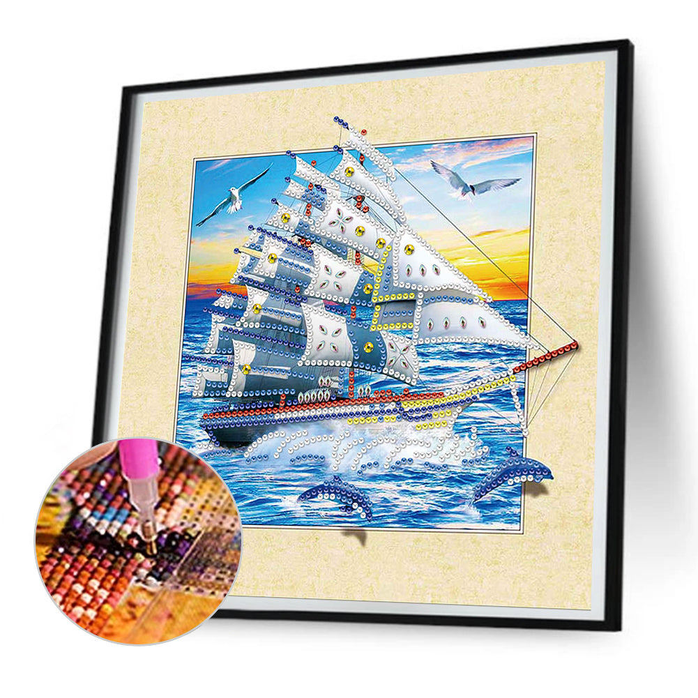 3D Dolphin Sailing Boat - Special Shaped Drill Diamond Painting 30*30CM