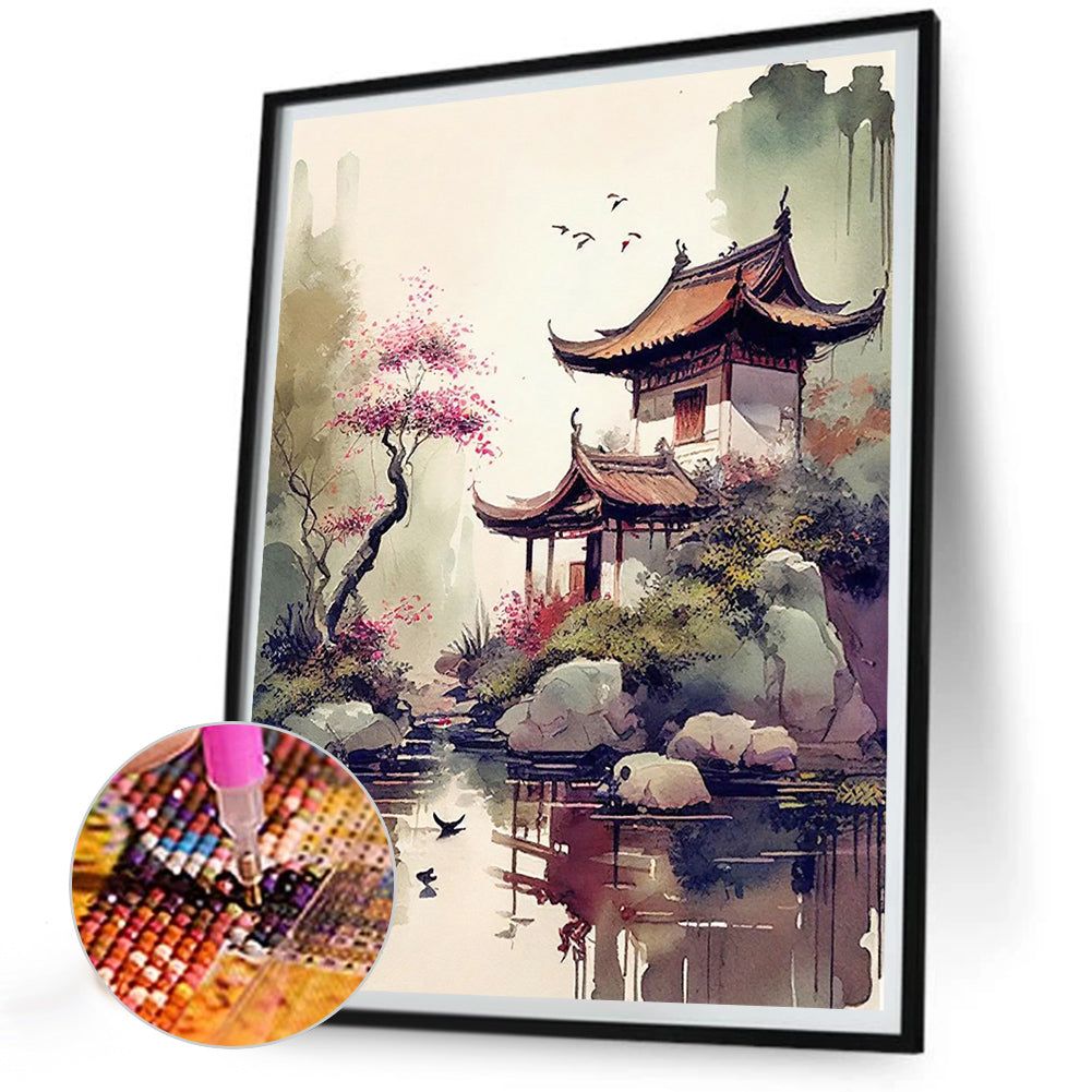 Watercolor Buildings - Full Round Drill Diamond Painting 30*40CM