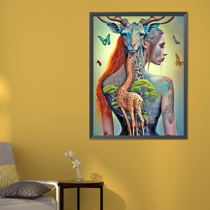 Giraffe Painted Girl - Full Round Drill Diamond Painting 50*60CM