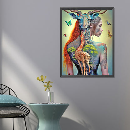 Giraffe Painted Girl - Full Round Drill Diamond Painting 50*60CM