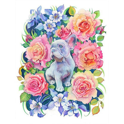 Puppy Surrounded By Flowers - Full Round Drill Diamond Painting 30*40CM