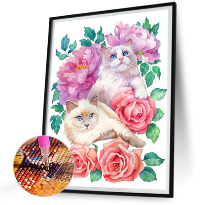 Kitten Surrounded By Flowers - Full Round Drill Diamond Painting 30*40CM