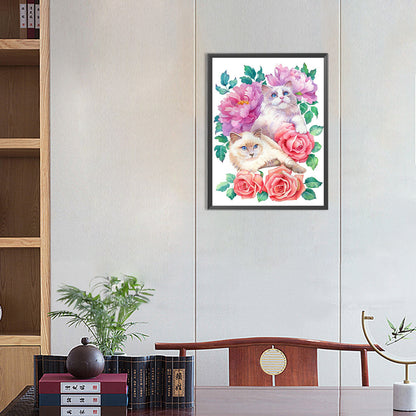Kitten Surrounded By Flowers - Full Round Drill Diamond Painting 30*40CM